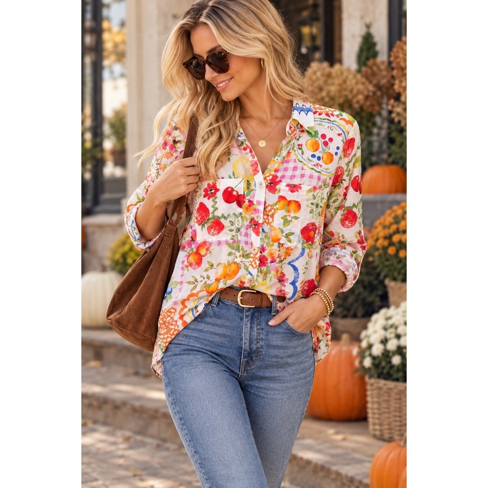 Ali Miles Petite PM Fruit Floral Print Button Down Shirt 3/4 Roll Tab Artsy